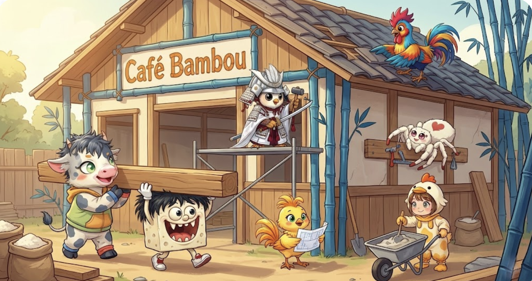 L'équipe de Café Bambou construisant la boulangerie